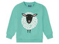 Ein türkisfarbener Pullover mit langen Ärmeln für Kinder mit einem Schaf-Motiv.