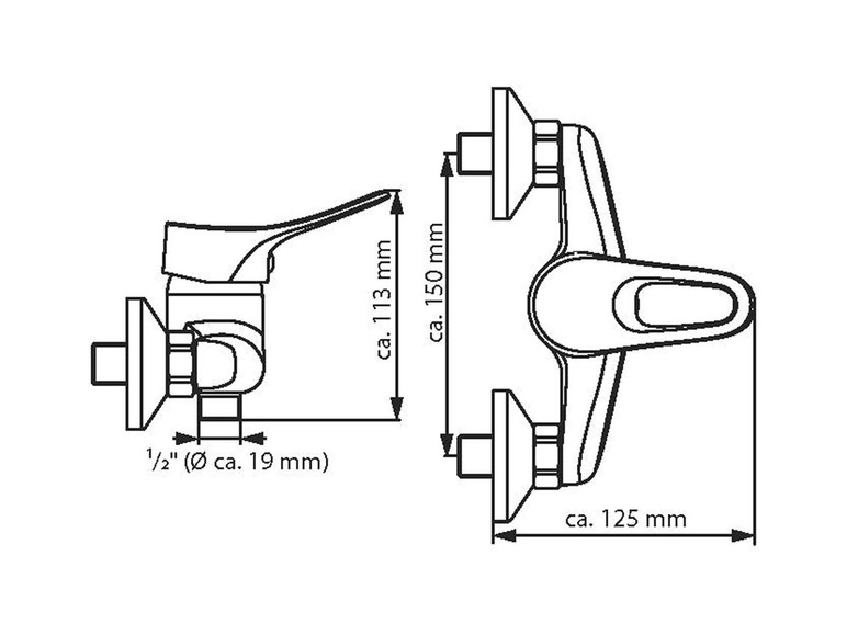 Zwei Badezimmerarmaturen mit Maßen und Details.