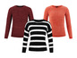 Drei Strickpullover: ein roter, ein orangefarbener und ein schwarz-weiß gestreifter.