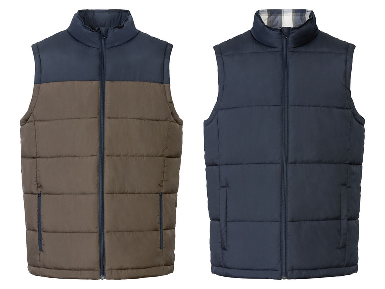 Zwei gesteppte Westen, eine dunkelblau und eine braun und dunkelblau.