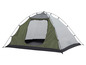 Ein grünes und graues Zelt mit schwarzem Boden.