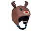 Ein brauner Skihelm mit Rentiermotiv.