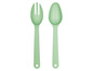 Ein grüner Löffel und eine Gabel aus Kunststoff.