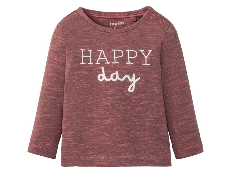 Ein rosafarbenes Langarmshirt mit dem Aufdruck 'Happy day' von Lupilu.
