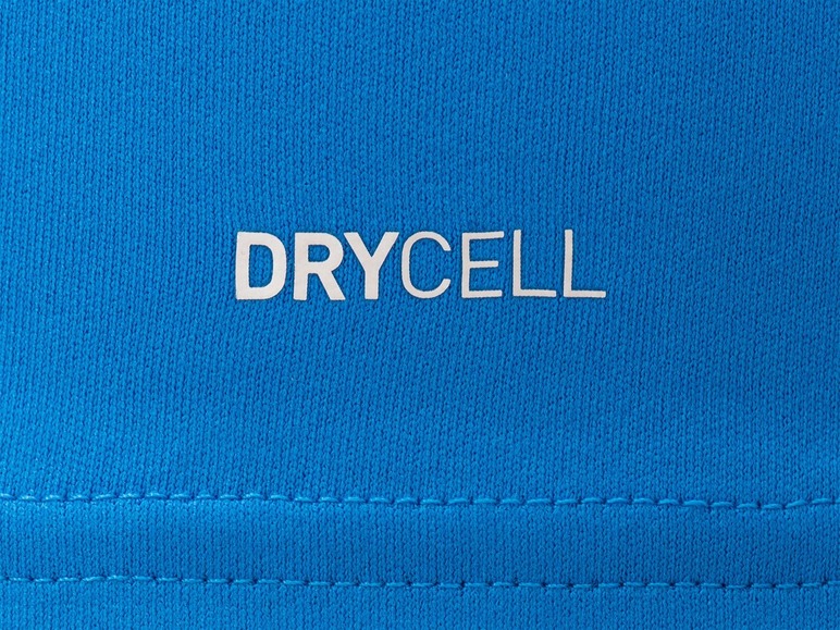 Blauer Stoff mit dem Drycell-Logo.
