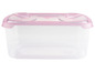 Eine durchsichtige Aufbewahrungsbox mit rosa Deckel.