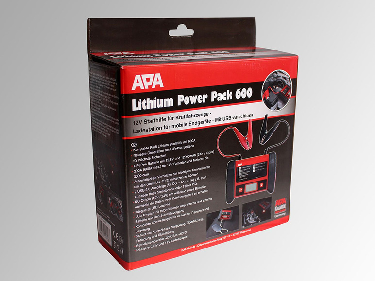 Ein APA Lithium Power Pack 600 Kfz-Starthilfegerät mit 12V und USB-Ladegerät.