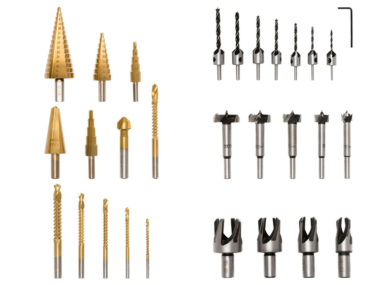 Ein Satz mit verschiedenen Bohrertypen, darunter ein Satz Bohrer mit variablem Durchmesser und Bohrer mit einer scharfen Spitze.