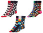 Sechs Paar Happy Socks mit verschiedenen Mustern, darunter Streifen, Punkte und Donuts.
