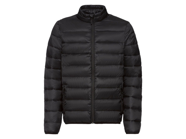 Eine schwarze Steppjacke mit Reißverschluss.