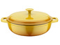 Gelbe Gusseisen-Bratpfanne mit Deckel.