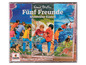 Eine CD mit drei Hörspielen über die Fünf Freunde mit Bildern von Kindern, Hunden und einem Hubschrauber.