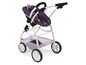 Ein rosa und violetter Puppenwagen mit Sternenmotiv.