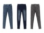 Drei Paar Denim-Leggings in hellblau, dunkelblau und grau.