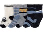 Fünf Paar Socken mit Streifen- und einfarbigen Designs in Blau und Grau.