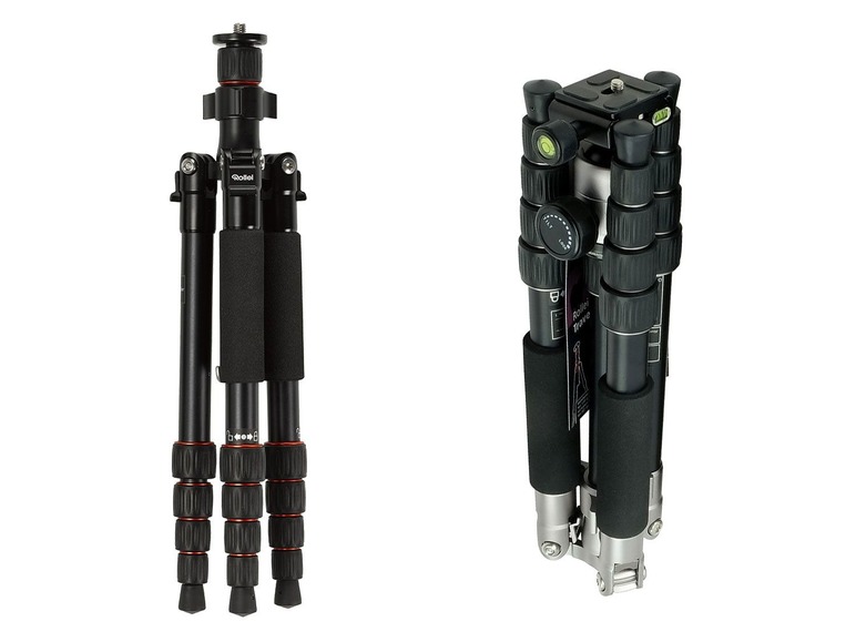 Zwei schwarze Stative, eines von Rollei.