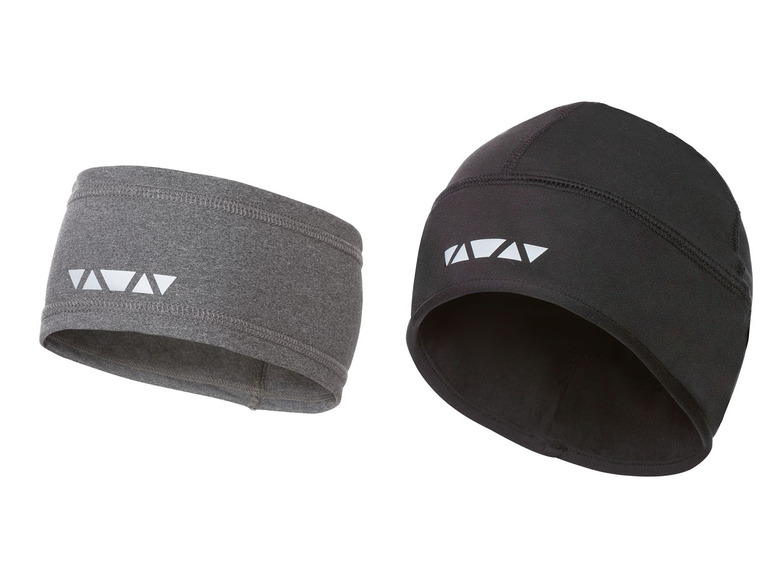 Eine schwarze und eine graue VAUDE Mütze und Stirnband.
