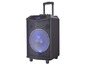 Ein schwarzer tragbarer Lautsprecher mit blauer LED-Beleuchtung.