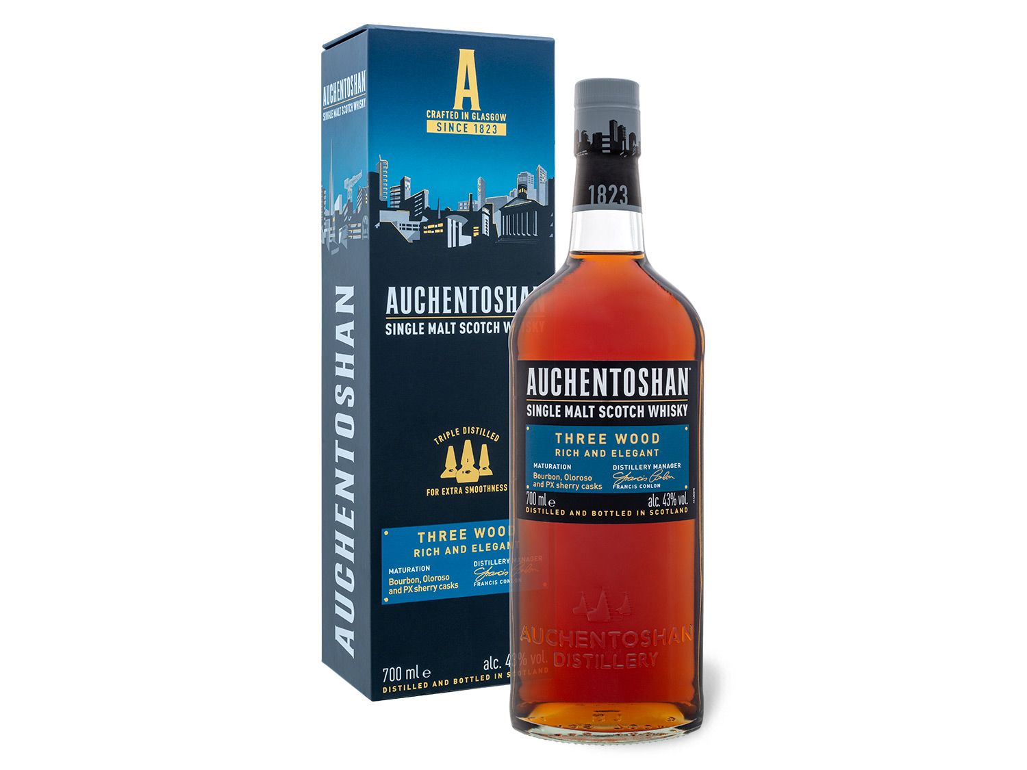 AUCHENTOSHAN Three Wood Single Malt Scotch Whisky mit Geschenkbox 43% Vol
