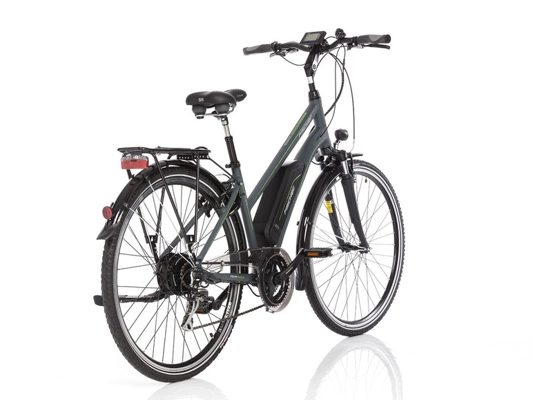 Ein graues Fischer E-Bike mit Gepäckträger