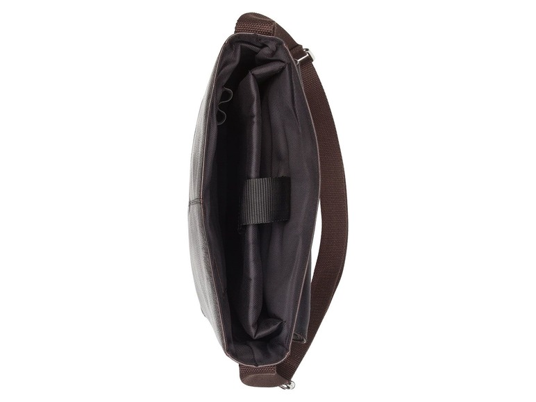 Eine braune Ledertasche mit einem langen Schultergurt.