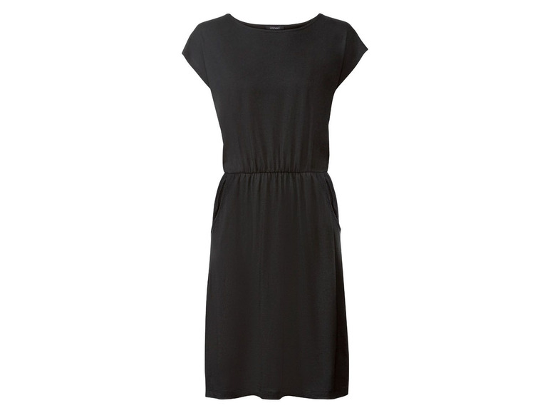 Ein schwarzes, schlichtes Kleid mit kurzen Ärmeln.