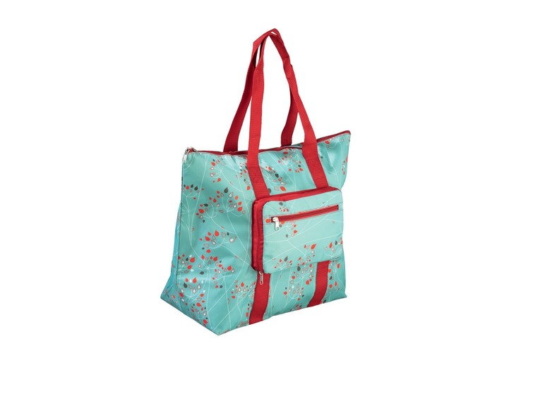 Eine blaue Tote Bag mit roten Griffen und einer kleinen Tasche.