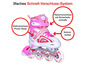 Weiße Inline-Skates mit rosafarbenen Akzenten, mit Klettverschluss, Schnalle und Schnürsenkeln.