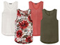 Drei unifarbene und gemusterte Tanktops mit V-Ausschnitt und Rundhalsausschnitt.