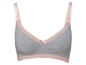 Grauer Still-BH mit rosafarbenen Details und Spitzenverzierung.