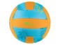 Ein blauer und orangefarbener Volleyball mit tropischem Muster