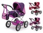 Drei rosa Puppenwagen mit passenden Taschen.