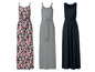 Drei lange Sommerkleider: eins mit Blumenmuster, eins mit Streifen und eins einfarbig.