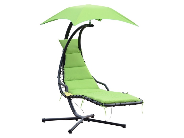 Ein grüner Hängesessel mit Sonnenschirm