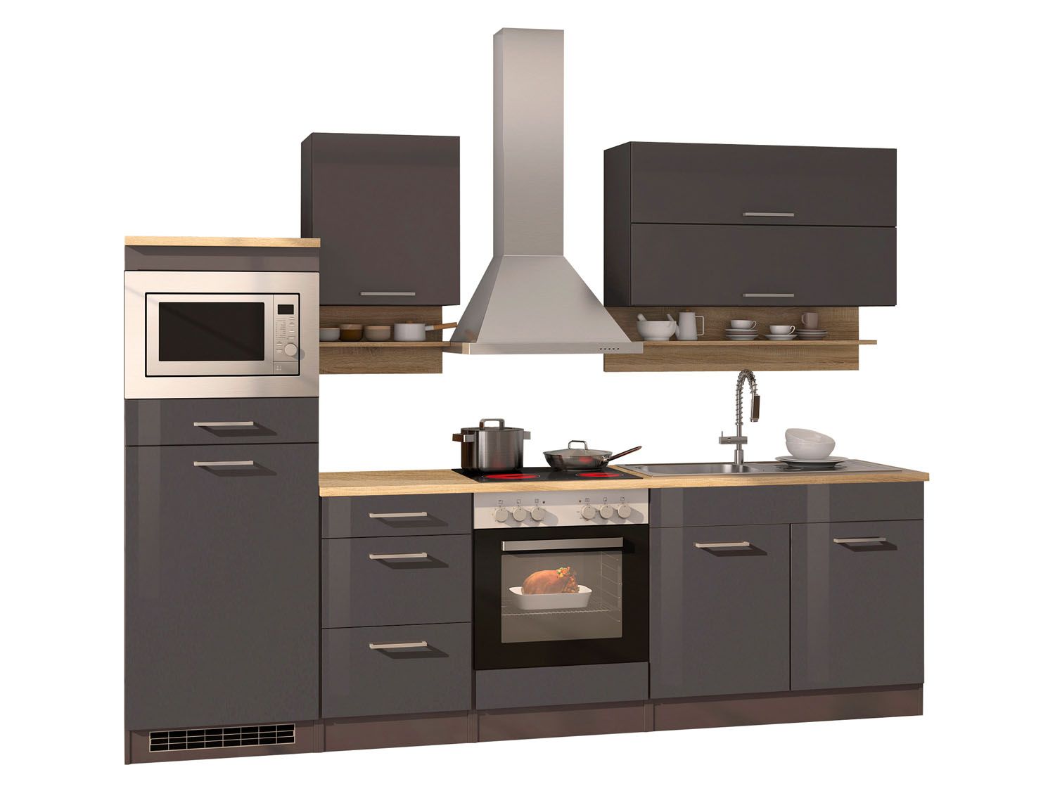 HELD Küchenzeile Mailand 220-390cm (inkl. E-Geräte, Hochglanz-grau/eiche sonoma, 270 cm) | 04251639434506