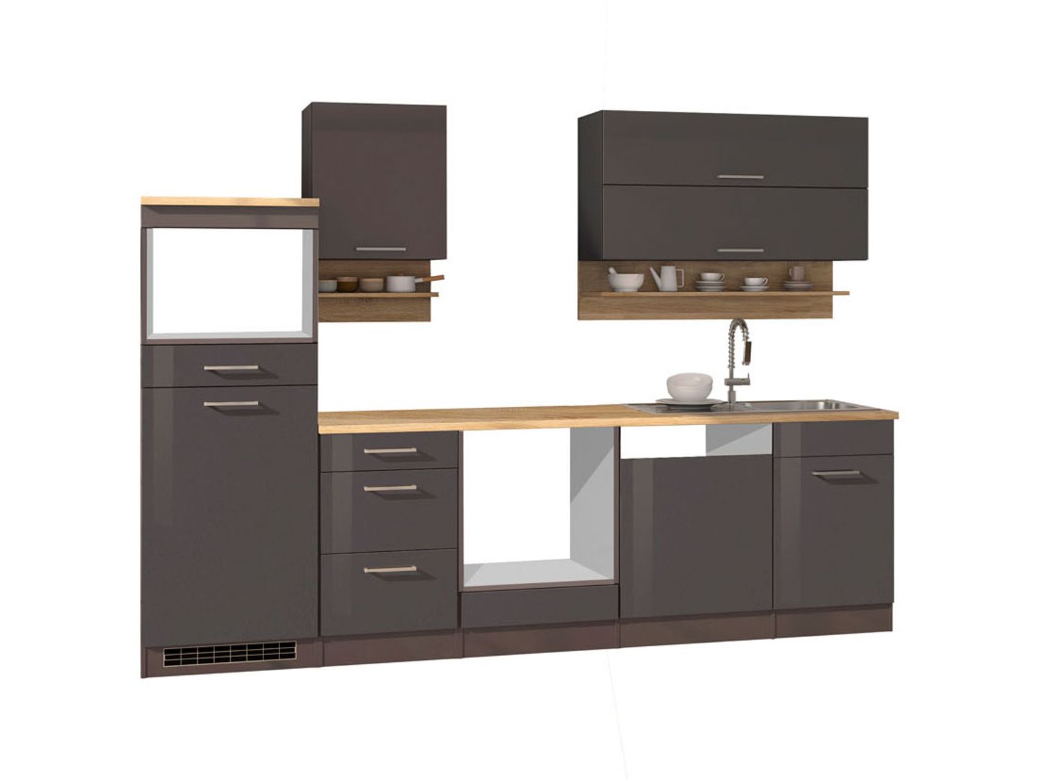 HELD Küchenzeile Mailand 220-390cm (ohne E-Geräte, Hochglanz-grau/eiche sonoma, 280 cm) | 04251639434520