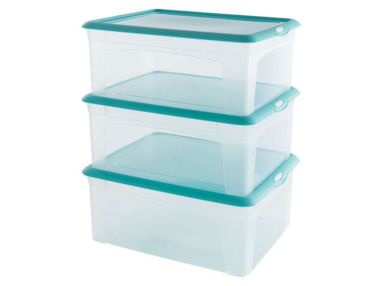 Drei transparente Aufbewahrungsboxen mit blauen Deckeln.