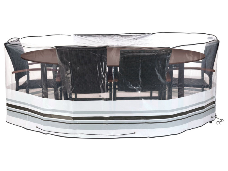 Eine transparente Schutzhülle für einen runden Tisch mit Stühlen.
