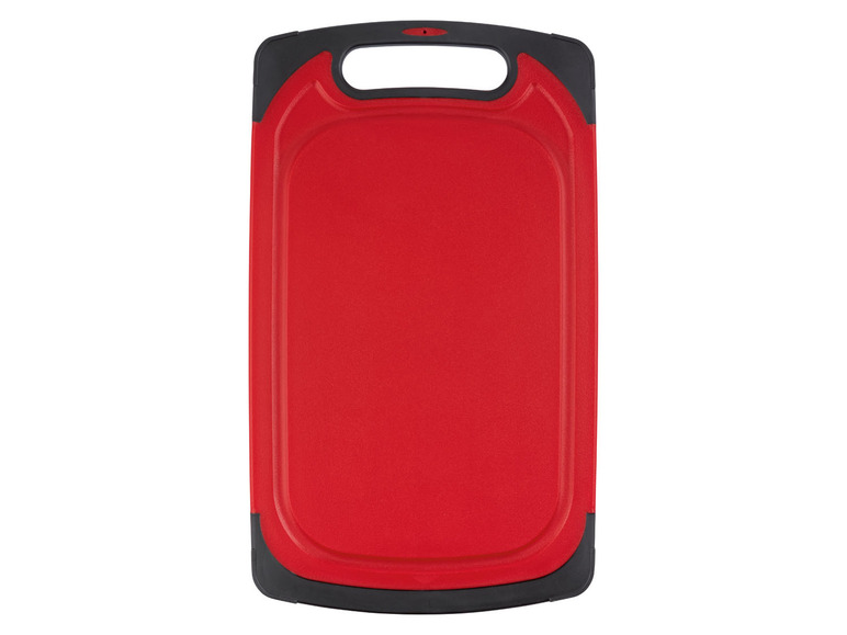 Rotes Kunststoff-Schneidebrett mit Griff.