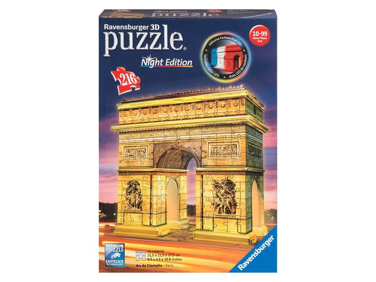Ravensburger 3D Puzzle mit dem Arc de Triomphe in Paris, mit LED Beleuchtung.