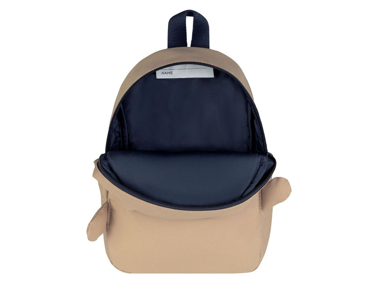 Beigefarbener Rucksack mit offenem Fach, geeignet für Kinder.
