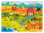 Ein Bauernhof-Puzzle aus Holz mit Tieren und einem Traktor.