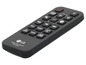 Eine schwarze LG Soundbar-Fernbedienung mit Tasten für Lautstärke, Wiedergabe und Pause.