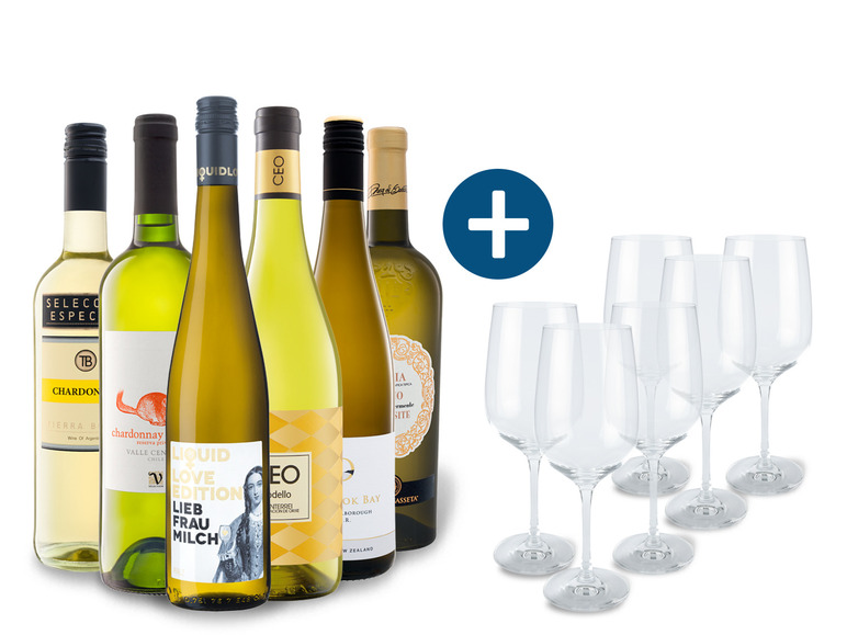 Gehe zu Vollbildansicht: 6 x 0,75-l-Flasche Weinpaket Weiße Vielfalt mit 6er Weißwein-Gläserset Ernesto - Bild 1