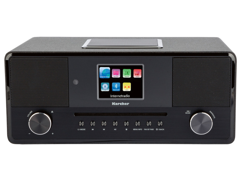 Ein schwarzes Karcher Internet-Radio mit CD-Player.