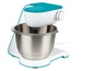 Ein weißer und türkisfarbener Küchenmixer mit einer Edelstahlschüssel.