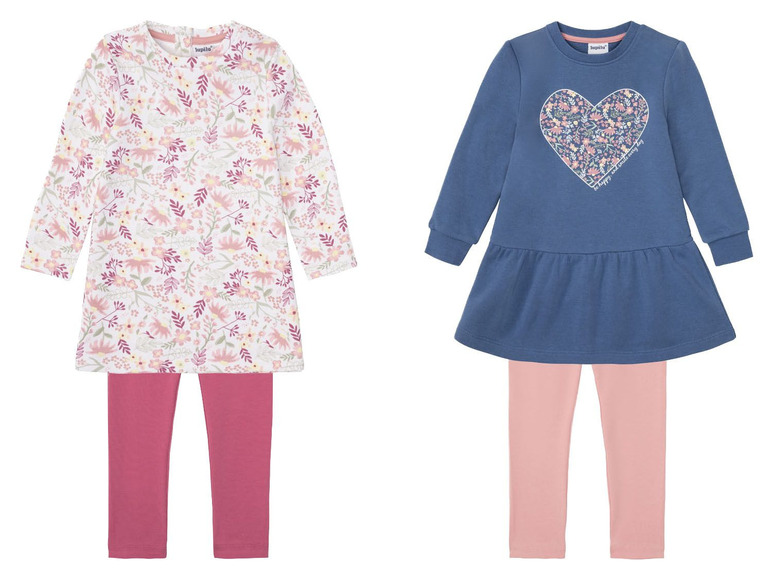 Zwei Mädchen-Outfits mit Blumenmuster, eines mit einem Herz-Print von Lupilu.