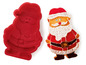 Eine rote Silikon-Santa-Claus-Backform und ein verziertes Plätzchen.