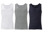 Drei weiße, graue und dunkelblaue Tanktops von Livergy aus Baumwolle.