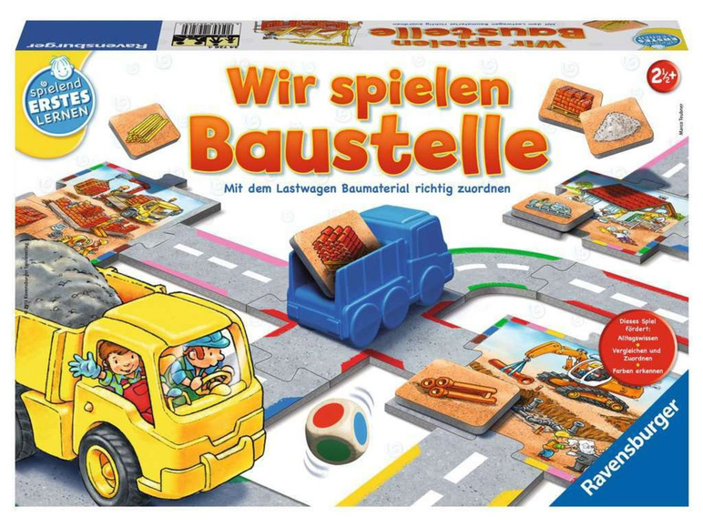 Ein Ravensburger Brettspiel mit einem LKW und Baumaterial.